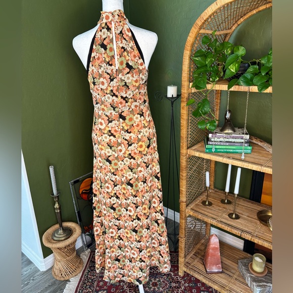 Mango Orange Toned Floral Flower Hippie High Neck Maxi Dress - Picture 5 of 6